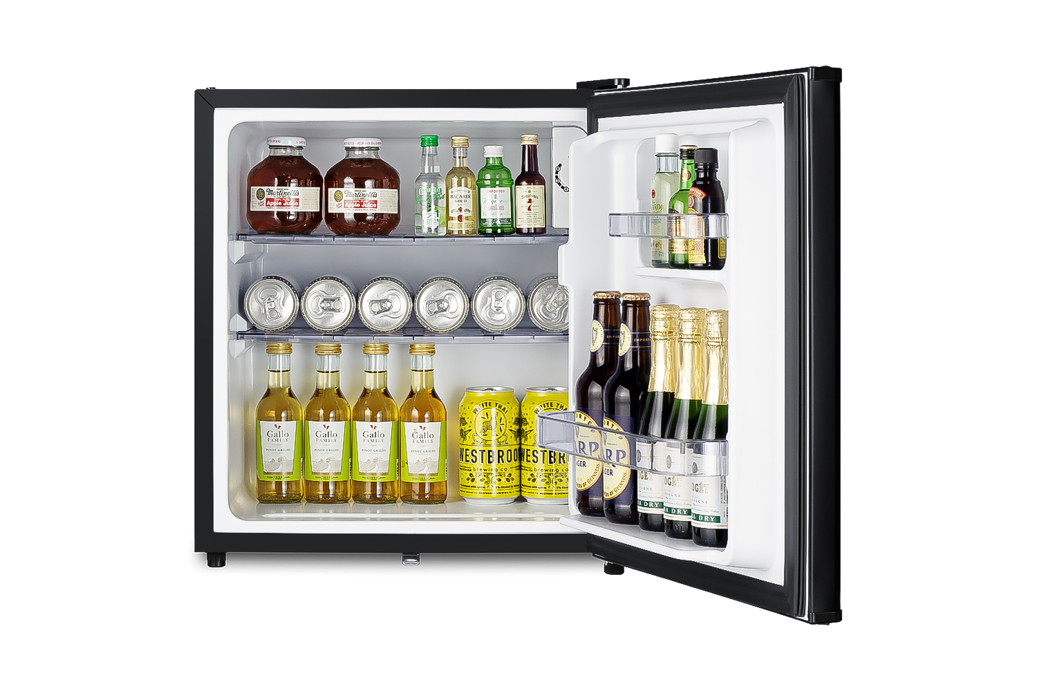 Compact minibar with reversible door, front lock, and black exterior
